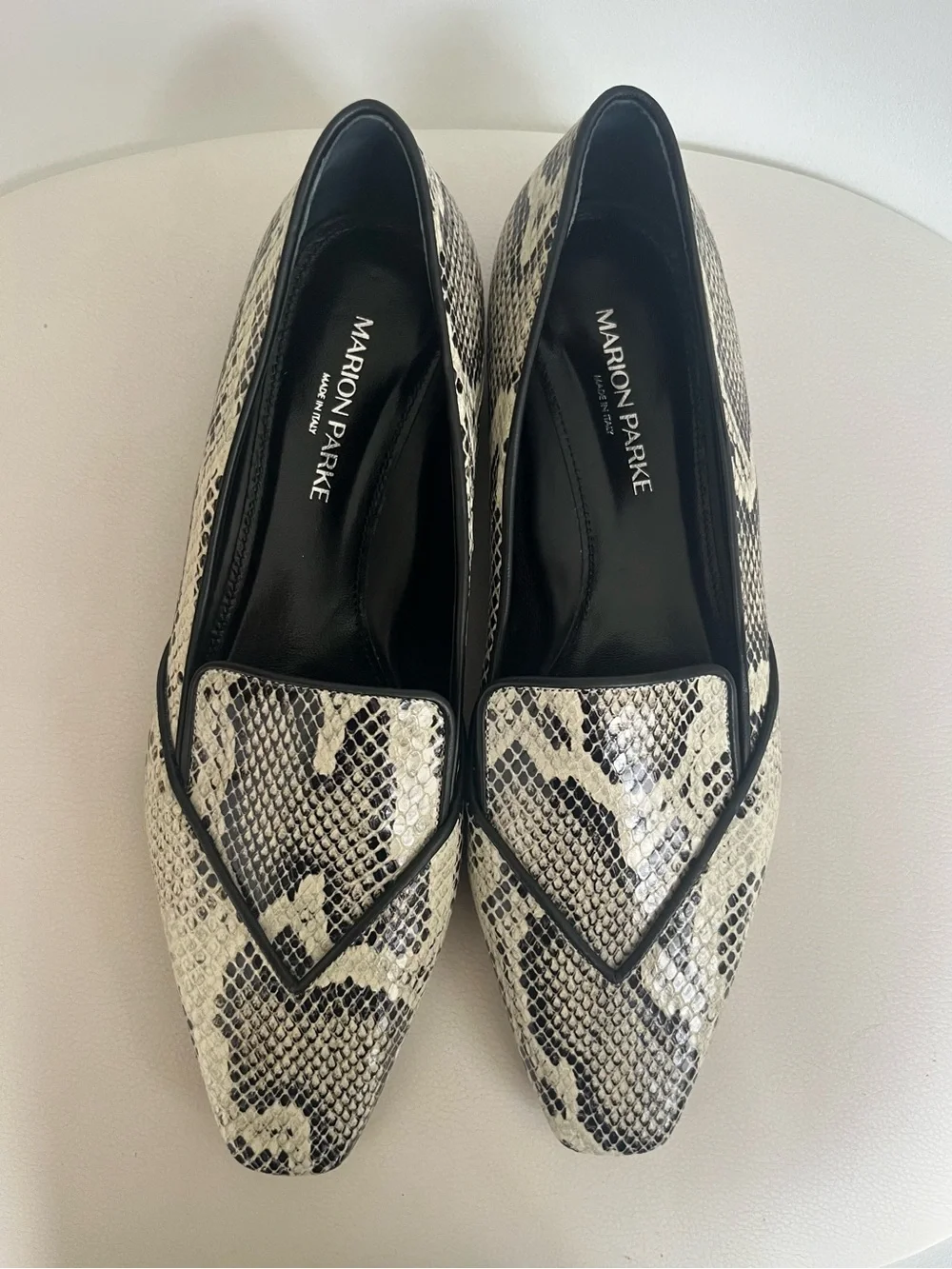 Marion Parke Black & White Snake-Print Pointed Loafers